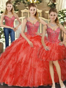 Red Sleeveless Beading and Ruffles Floor Length Quinceanera Dress