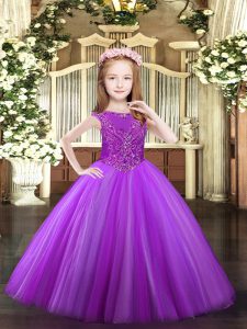Lavender Tulle Zipper Scoop Sleeveless Floor Length Little Girls Pageant Dress Wholesale Beading