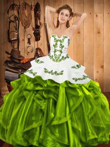 Flirting Ball Gowns Strapless Sleeveless Satin and Organza Floor Length Lace Up Embroidery and Ruffles Sweet 16 Dresses