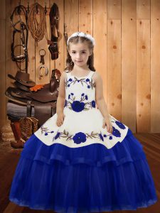 Unique Royal Blue Sleeveless Embroidery and Ruffled Layers Floor Length Pageant Gowns For Girls