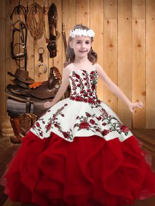 Simple Red Sleeveless Embroidery and Ruffles Floor Length Pageant Gowns