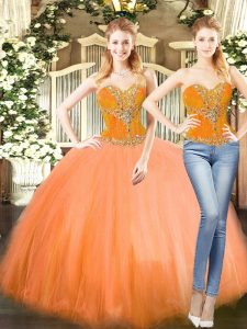 Beautiful Sweetheart Sleeveless Lace Up Quinceanera Gown Orange Red Tulle
