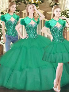 Turquoise Tulle Lace Up Sweetheart Sleeveless Floor Length Quince Ball Gowns Beading and Ruffled Layers