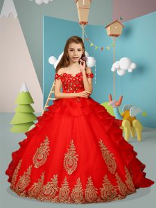 Tulle Off The Shoulder Sleeveless Lace Up Appliques and Embroidery Pageant Gowns For Girls in Red