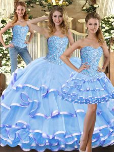 Hot Sale Baby Blue Quinceanera Gowns Military Ball and Sweet 16 and Quinceanera with Beading and Ruffled Layers Sweetheart Sleeveless Lace Up