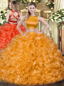Designer Tulle High-neck Sleeveless Criss Cross Ruffles Ball Gown Prom Dress in Orange Red