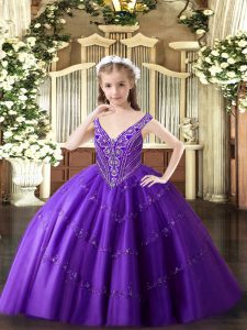 Wonderful Floor Length Purple Pageant Dress for Womens V-neck Sleeveless Lace Up