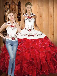 White And Red Quince Ball Gowns Military Ball and Sweet 16 and Quinceanera with Embroidery and Ruffles Halter Top Sleeveless Lace Up