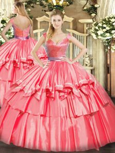 Trendy Hot Pink Ball Gowns Tulle V-neck Sleeveless Beading and Ruffled Layers Floor Length Zipper 15 Quinceanera Dress