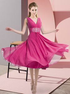 Affordable Knee Length Side Zipper Vestidos de Damas Hot Pink for Prom and Party and Wedding Party with Beading