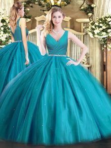 Discount Teal 15th Birthday Dress Military Ball and Sweet 16 and Quinceanera with Beading V-neck Sleeveless Zipper