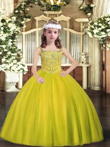 Tulle Straps Sleeveless Lace Up Beading Custom Made Pageant Dress in Yellow Green