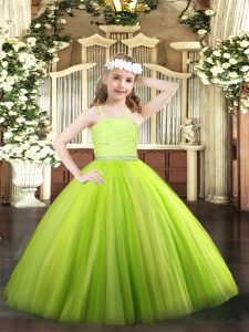 Perfect Sleeveless Tulle Floor Length Zipper Little Girls Pageant Dress Wholesale in Yellow Green with Beading and Lace