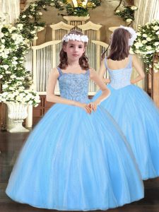 Glorious Baby Blue Ball Gowns Straps Sleeveless Tulle Floor Length Lace Up Beading Little Girls Pageant Gowns