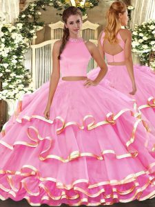 Classical Rose Pink Two Pieces Beading and Ruffled Layers Quinceanera Gown Backless Organza Sleeveless Floor Length