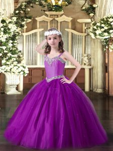 Floor Length Eggplant Purple Pageant Dress for Womens Straps Sleeveless Lace Up