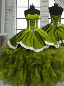 Chic Sleeveless Floor Length Beading and Ruffles Lace Up 15th Birthday Dress with Olive Green