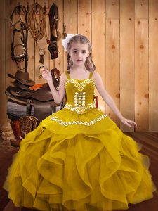 Organza Straps Sleeveless Lace Up Embroidery and Ruffles Little Girls Pageant Gowns in Gold