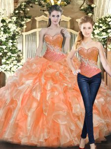 Designer Sleeveless Tulle Floor Length Lace Up Quinceanera Dress in Orange Red with Beading and Ruffles