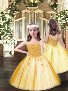 Perfect Orange Ball Gowns Spaghetti Straps Sleeveless Tulle Floor Length Lace Up Beading Pageant Dress for Teens