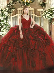 Elegant Wine Red Ball Gowns Beading and Lace and Ruffles Sweet 16 Dresses Backless Organza Sleeveless Floor Length