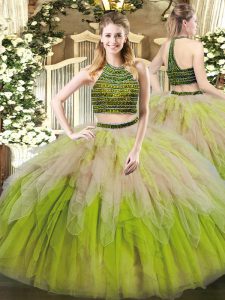 Custom Designed Tulle Halter Top Sleeveless Lace Up Beading and Ruffles 15 Quinceanera Dress in Multi-color