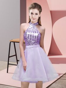 Noble Sleeveless Chiffon Mini Length Backless Vestidos de Damas in Lavender with Sequins