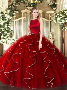 Fitting Ball Gowns Party Dress for Toddlers Wine Red Scoop Organza Sleeveless Floor Length Clasp Handle