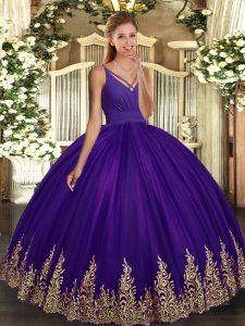 Stylish Eggplant Purple V-neck Neckline Appliques Quinceanera Gowns Sleeveless Backless