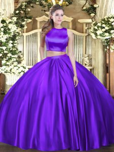 Romantic Eggplant Purple Two Pieces Tulle High-neck Sleeveless Ruching Floor Length Criss Cross 15 Quinceanera Dress