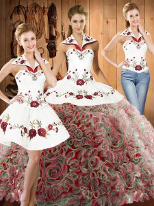Noble Sweep Train Three Pieces Quinceanera Dresses Multi-color Halter Top Fabric With Rolling Flowers Sleeveless Lace Up