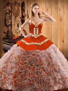 Luxury Sweetheart Sleeveless Satin and Fabric With Rolling Flowers Vestidos de Quinceanera Embroidery Sweep Train Lace Up