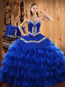 Artistic Blue Sweet 16 Quinceanera Dress Military Ball and Sweet 16 and Quinceanera with Embroidery and Ruffled Layers Strapless Sleeveless Lace Up