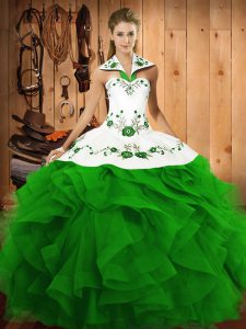Deluxe Green Halter Top Lace Up Embroidery and Ruffles Quinceanera Dresses Sleeveless