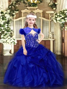 Royal Blue Straps Neckline Beading and Ruffles Pageant Dress Sleeveless Lace Up