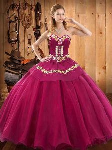 Great Sleeveless Tulle Floor Length Lace Up Quinceanera Gowns in Fuchsia with Ruffles