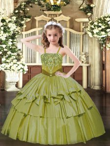 Sleeveless Organza Floor Length Lace Up Glitz Pageant Dress in Olive Green with Beading and Ruffled Layers