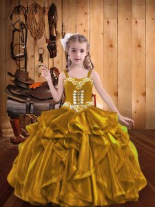 Nice Straps Sleeveless Lace Up Little Girl Pageant Dress Gold Organza