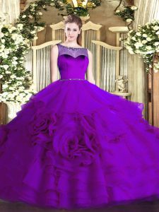 Eggplant Purple Organza Zipper Quinceanera Gown Sleeveless Floor Length Beading and Ruffled Layers