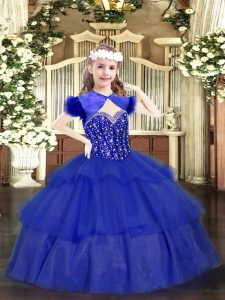 Sleeveless Floor Length Beading and Ruffled Layers Lace Up Pageant Dress Womens with Royal Blue