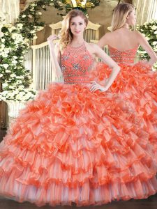 Glittering Organza Halter Top Sleeveless Zipper Beading and Ruffled Layers Sweet 16 Dress in Orange