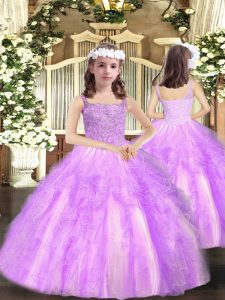 Best Lilac Lace Up Little Girl Pageant Gowns Beading and Ruffles Sleeveless Floor Length
