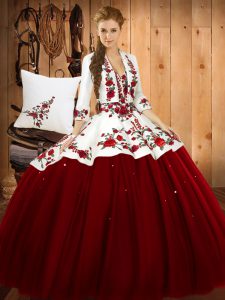 Superior Sleeveless Floor Length Embroidery Lace Up Quinceanera Dress with Wine Red