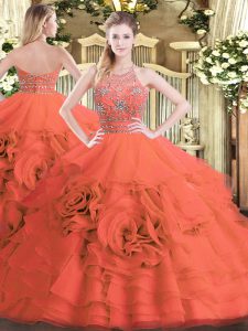 Stylish Red Tulle Zipper Halter Top Sleeveless Floor Length Quinceanera Gown Beading and Ruffled Layers