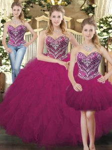 Colorful Fuchsia Lace Up Sweet 16 Quinceanera Dress Beading and Ruffles Sleeveless Floor Length