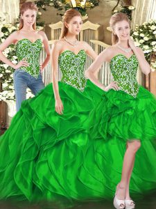 Fancy Green Lace Up Sweetheart Beading and Ruffles 15 Quinceanera Dress Tulle Sleeveless