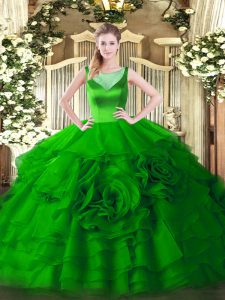 Green Organza Zipper Quinceanera Dress Sleeveless Floor Length Beading and Ruffled Layers