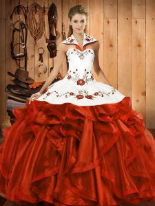Rust Red Ball Gowns Embroidery and Ruffles Quinceanera Dresses Lace Up Satin and Organza Sleeveless Floor Length