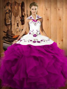 Fuchsia Tulle Lace Up Halter Top Sleeveless Floor Length Quinceanera Dresses Embroidery and Ruffles