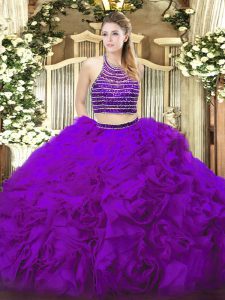 Two Pieces Quince Ball Gowns Eggplant Purple Halter Top Tulle Sleeveless Floor Length Lace Up
